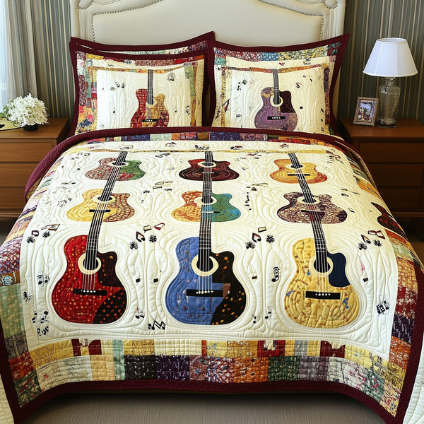 Guitars quilted 3-piece bedding set on a made bed with two matching pillow shams
