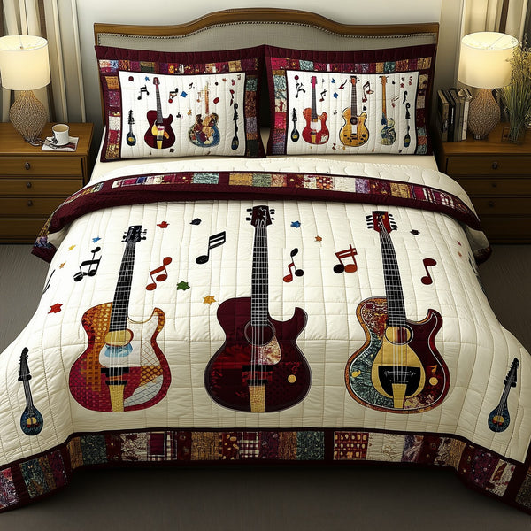 Guitars quilted 3-piece bedding set on a made bed with two matching pillow shams