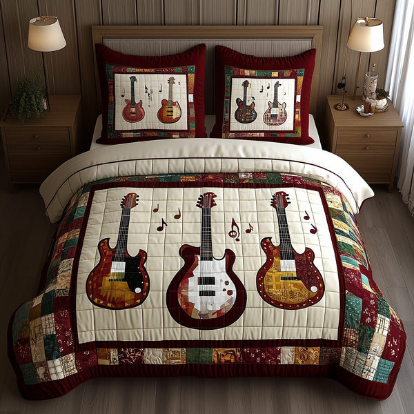 Guitars quilted 3-piece bedding set on a made bed with two matching pillow shams
