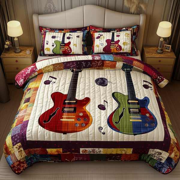 Guitars quilted 3-piece bedding set on a made bed with two matching pillow shams