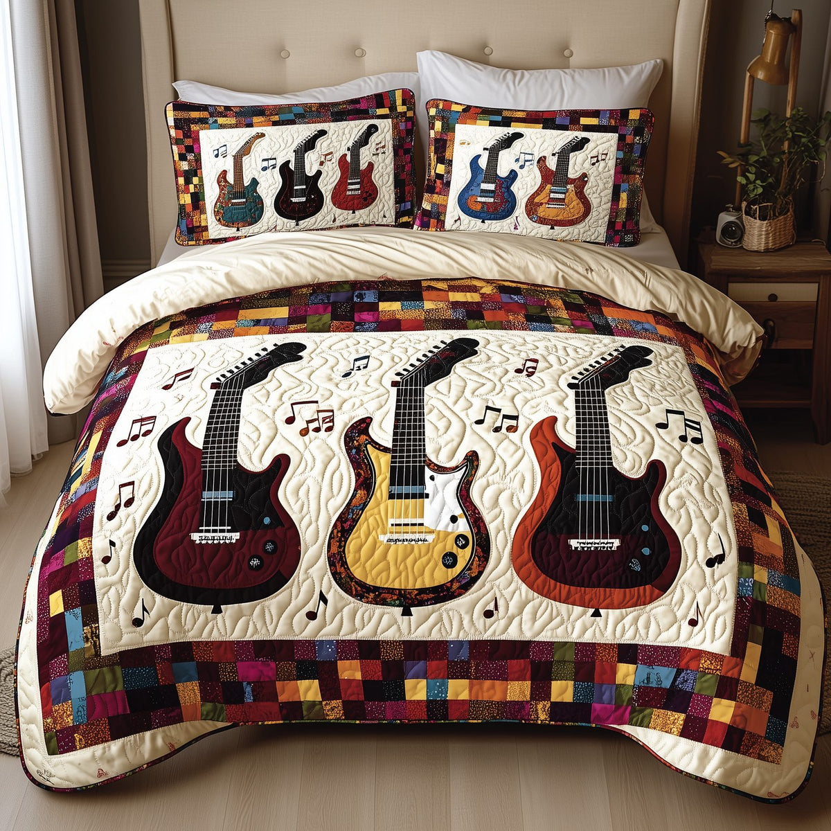 Guitars quilted 3-piece bedding set on a made bed with two matching pillow shams