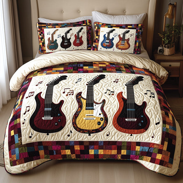Guitars quilted 3-piece bedding set on a made bed with two matching pillow shams