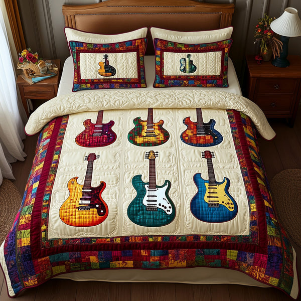 Guitars quilted 3-piece bedding set on a made bed with two matching pillow shams
