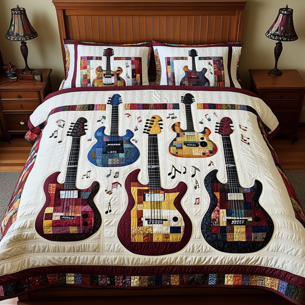Guitars quilted 3-piece bedding set on a made bed with two matching pillow shams