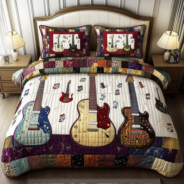 Guitars quilted 3-piece bedding set on a made bed with two matching pillow shams