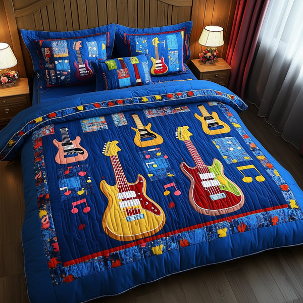 Guitars quilted 3-piece bedding set on a made bed with two matching pillow shams