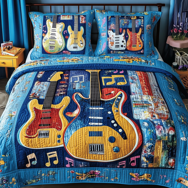 Guitars quilted 3-piece bedding set on a made bed with two matching pillow shams