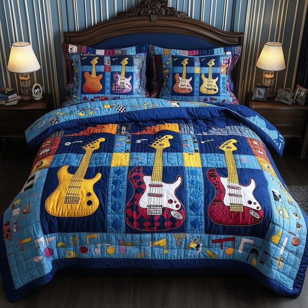Guitars quilted 3-piece bedding set on a made bed with two matching pillow shams