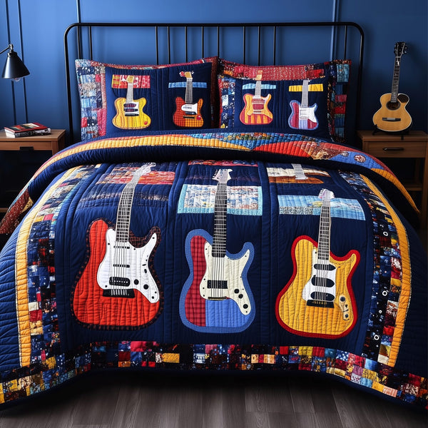 Guitars quilted 3-piece bedding set on a made bed with two matching pillow shams