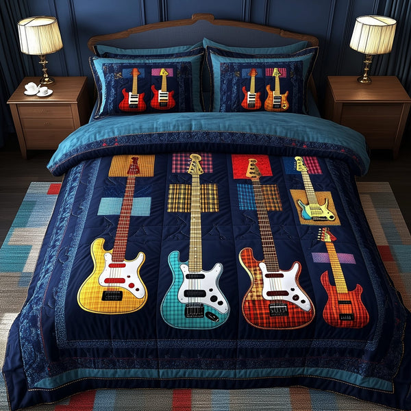 Guitars quilted 3-piece bedding set on a made bed with two matching pillow shams