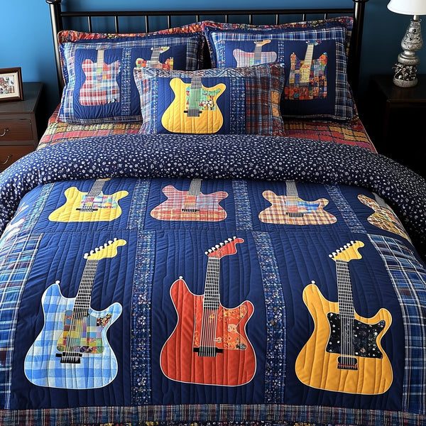 Guitars quilted 3-piece bedding set on a made bed with two matching pillow shams