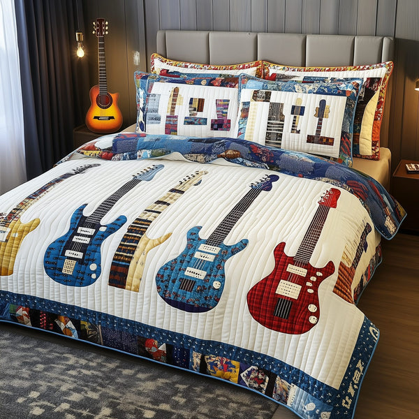 Guitars quilted 3-piece bedding set on a made bed with two matching pillow shams