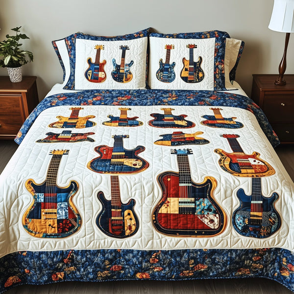 Guitars quilted 3-piece bedding set on a made bed with two matching pillow shams