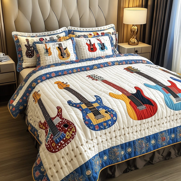 Guitars quilted 3-piece bedding set on a made bed with two matching pillow shams
