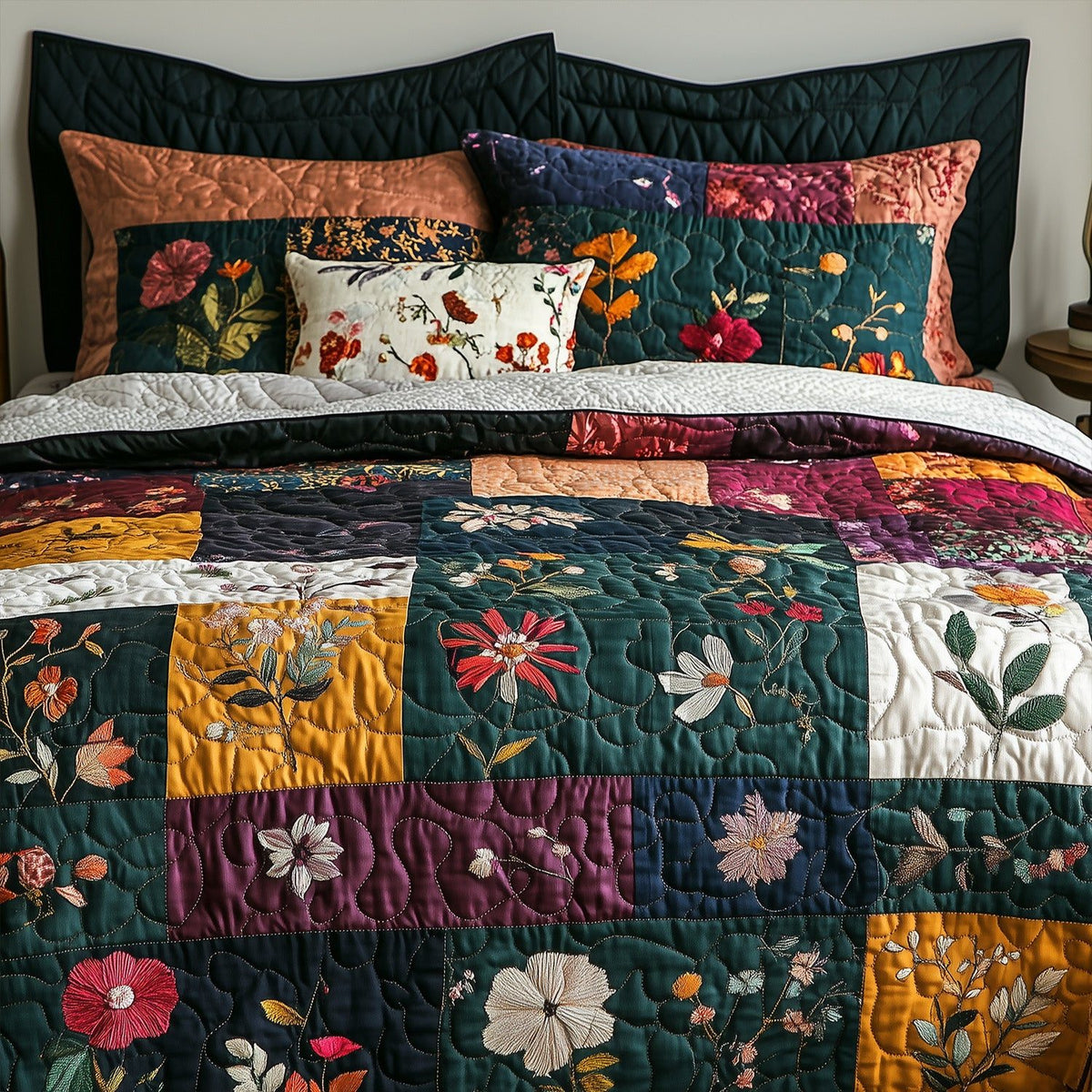 Gypsy Bohemia quilted 3-piece bedding set on a made bed with two matching pillow shams