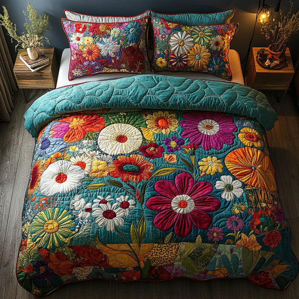 Gypsy Soul quilted 3-piece bedding set on a made bed with two matching pillow shams