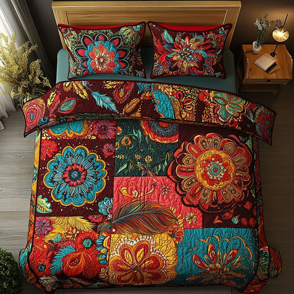 Gypsy Spirit quilted 3-piece bedding set on a made bed with two matching pillow shams