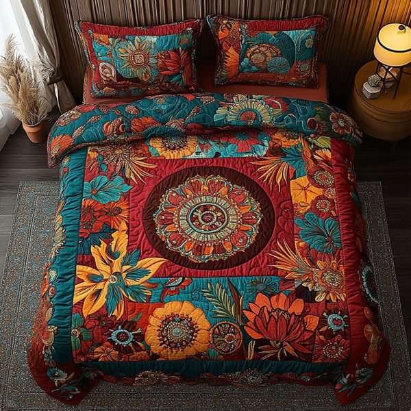 Gypsys Paradise quilted 3-piece bedding set on a made bed with two matching pillow shams