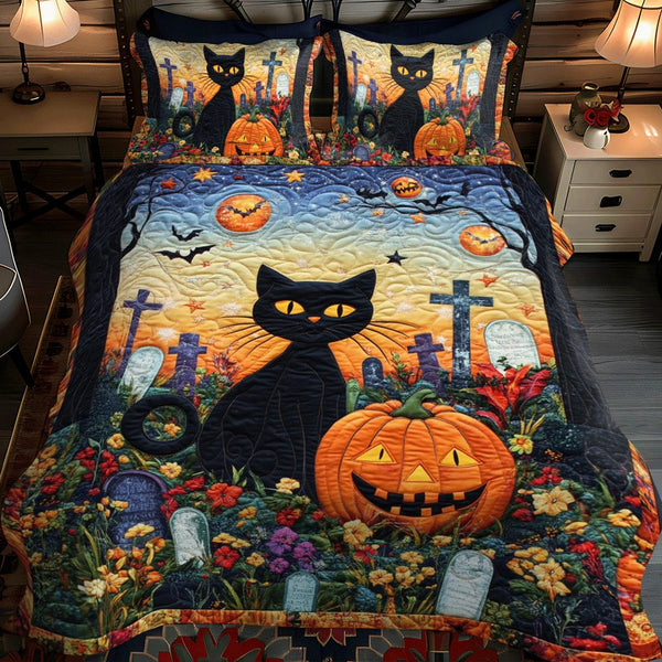 Halloween Black Cat quilted 3-piece bedding set on a made bed against a dark styled interior