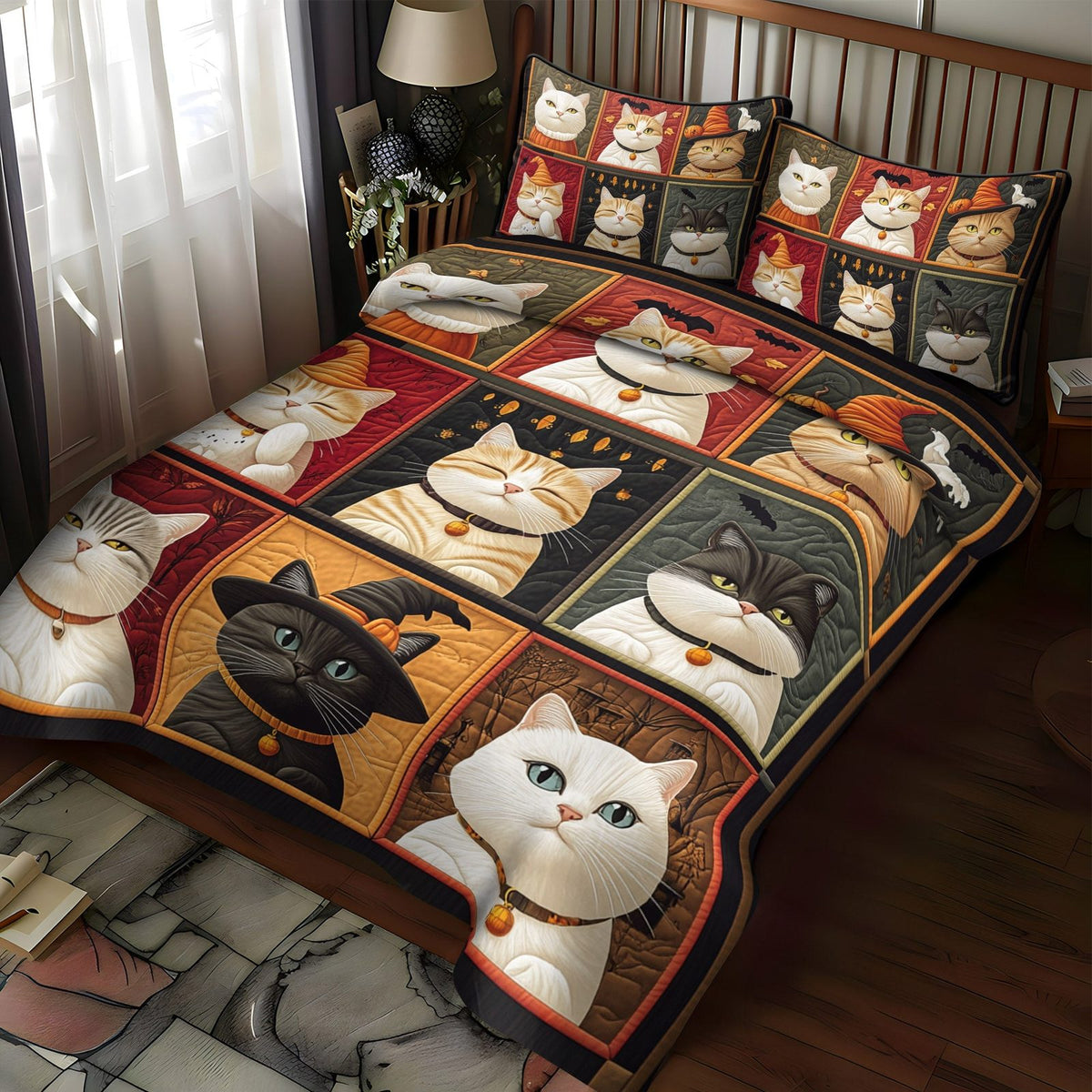 Halloween Cat Magic quilted 3-piece bedding set on a made bed against a dark styled interior
