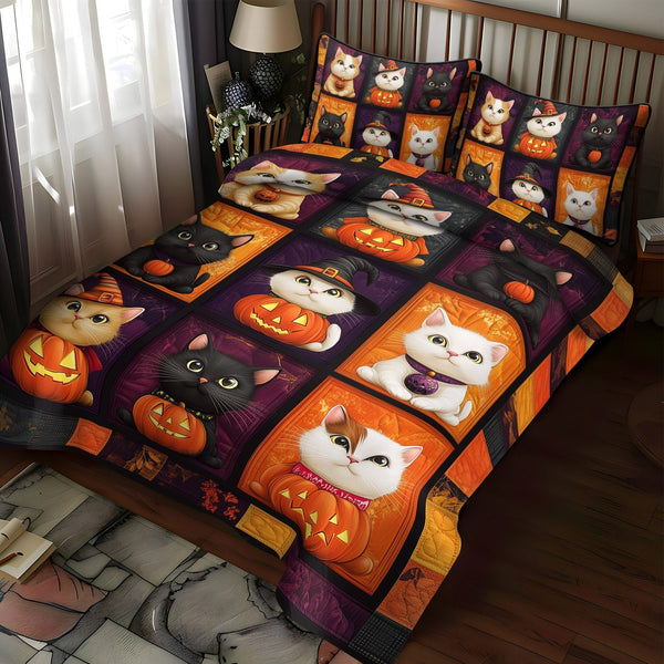 Halloween Cat quilted 3-piece bedding set on a made bed against a dark styled interior