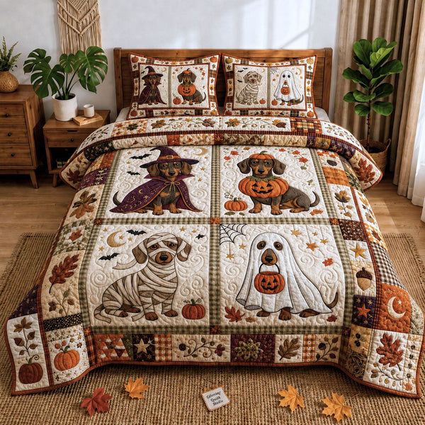 Halloween Dachshund quilted 3-piece bedding set on a made bed against a dark styled interior