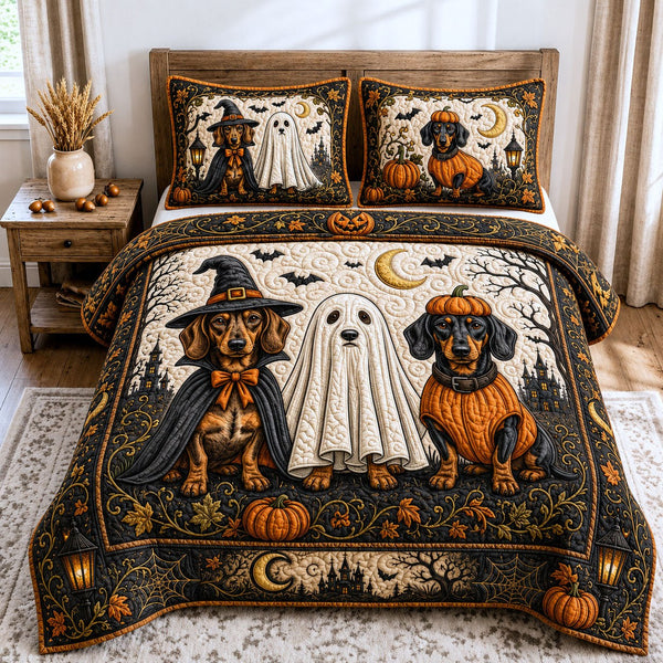 Halloween Dachshund quilted 3-piece bedding set on a made bed against a dark styled interior