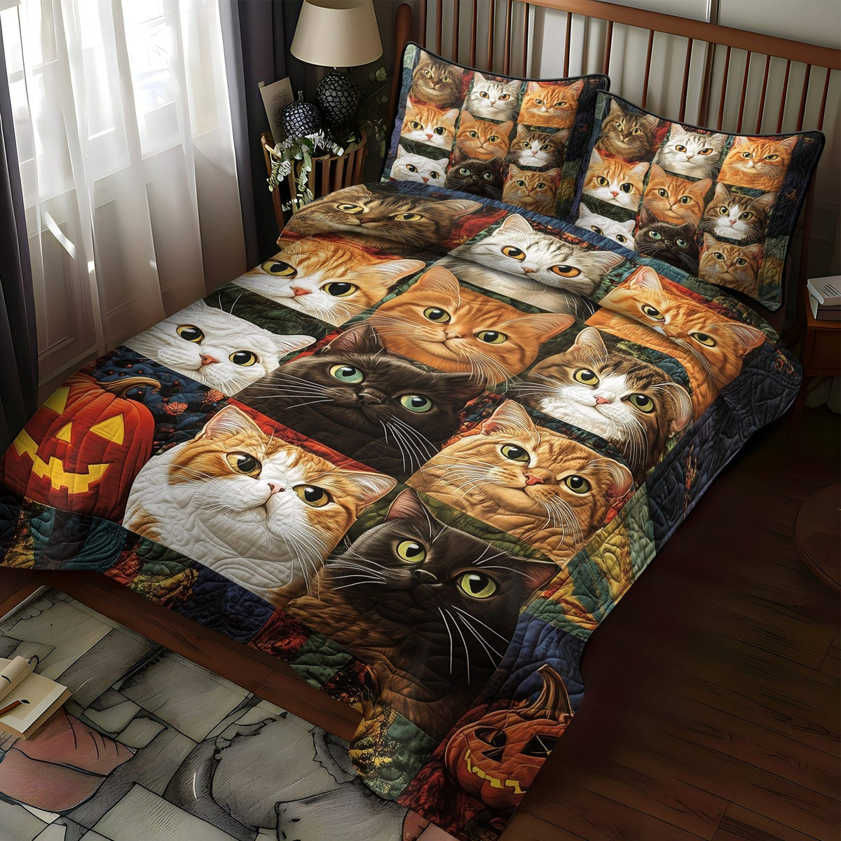 Halloween Feline quilted 3-piece bedding set on a made bed against a dark styled interior