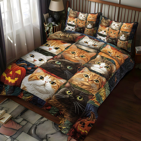Halloween Feline quilted 3-piece bedding set on a made bed against a dark styled interior