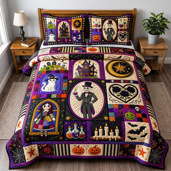 Halloween Gallery quilted 3-piece bedding set on a made bed against a dark styled interior