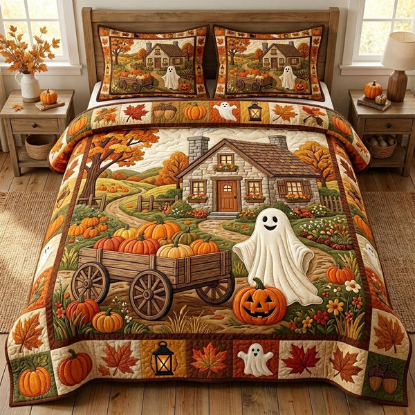 Halloween Ghost quilted 3-piece bedding set on a made bed against a dark styled interior