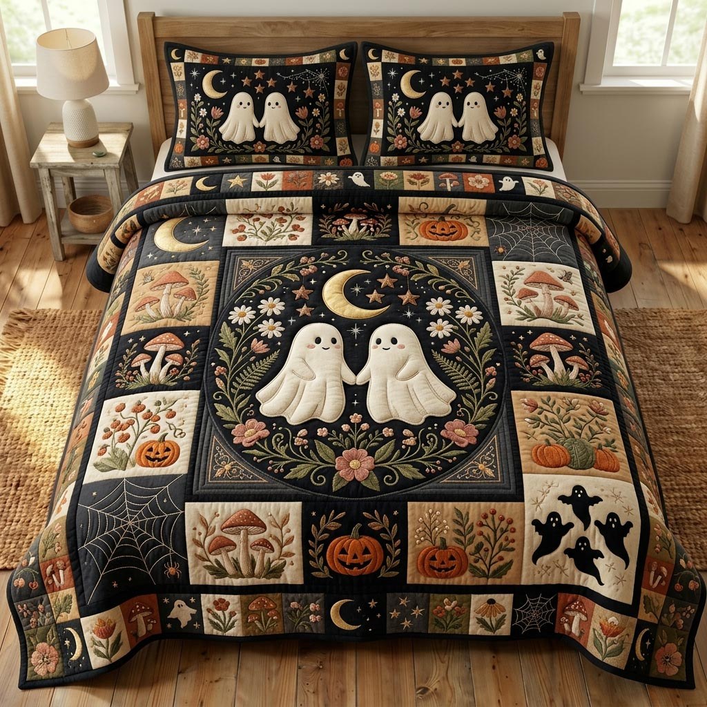 Halloween Ghost quilted 3-piece bedding set on a made bed against a dark styled interior