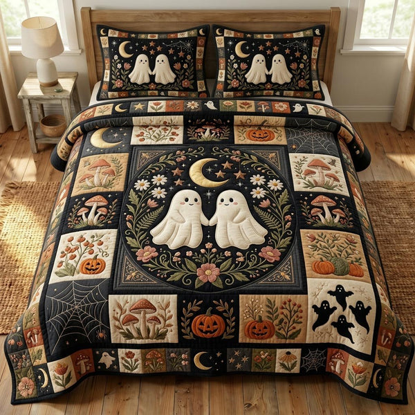 Halloween Ghost quilted 3-piece bedding set on a made bed against a dark styled interior