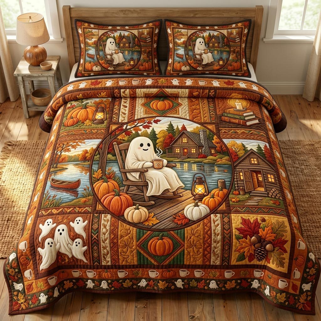 Halloween Ghost quilted 3-piece bedding set on a made bed against a dark styled interior