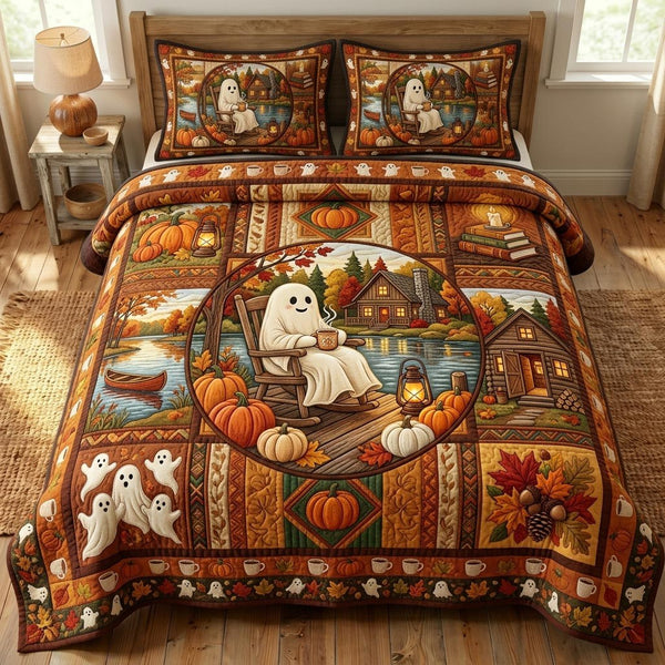 Halloween Ghost quilted 3-piece bedding set on a made bed against a dark styled interior