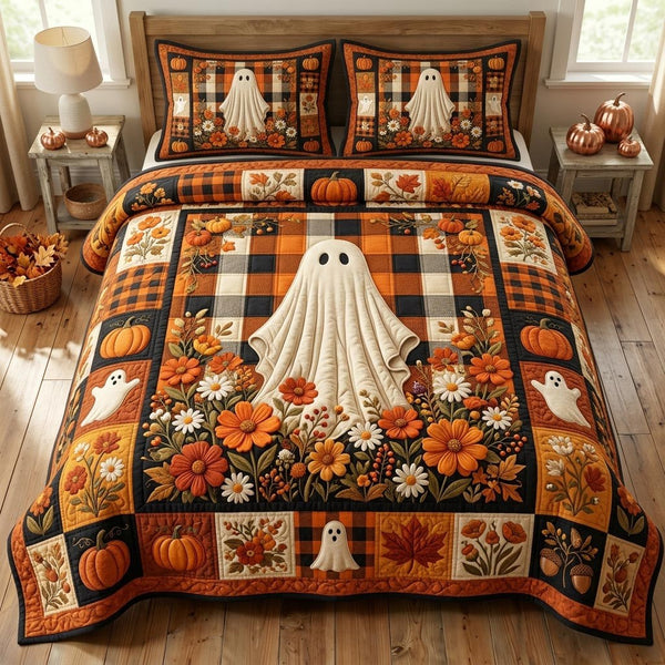 Halloween Ghost quilted 3-piece bedding set on a made bed against a dark styled interior