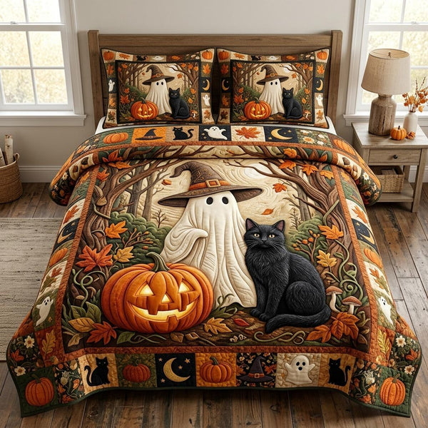 Halloween Ghost quilted 3-piece bedding set on a made bed against a dark styled interior