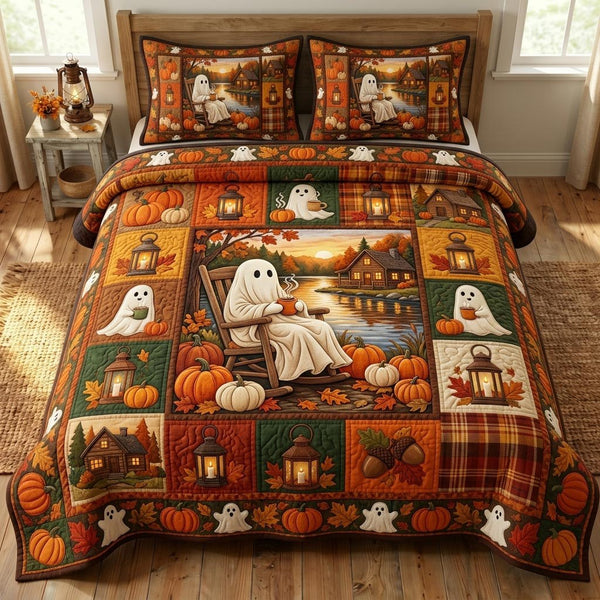 Halloween Ghost quilted 3-piece bedding set on a made bed against a dark styled interior
