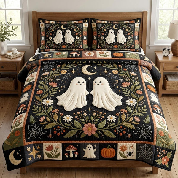 Halloween Ghost quilted 3-piece bedding set on a made bed against a dark styled interior