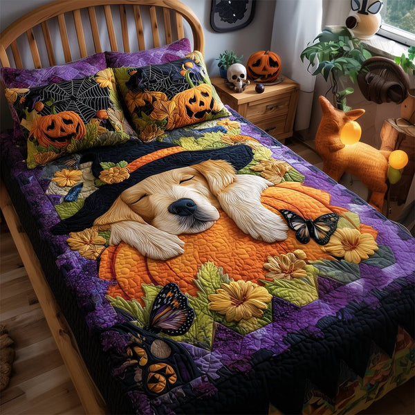 Halloween Golden Retriever quilted 3-piece bedding set on a made bed against a dark styled interior