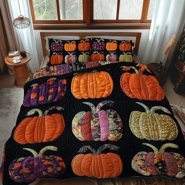 Halloween Harvest quilted 3-piece bedding set on a made bed against a dark styled interior