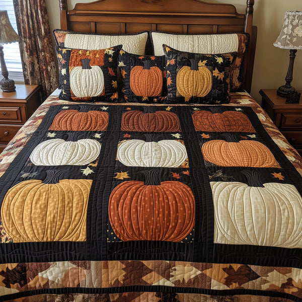 Halloween Harvest quilted 3-piece bedding set on a made bed against a dark styled interior