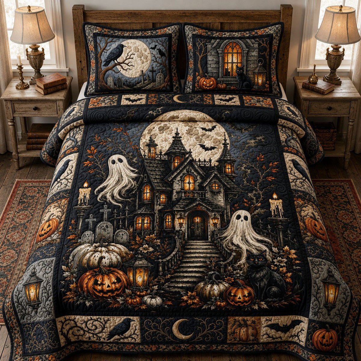 Halloween Haunted Mansion quilted 3-piece bedding set on a made bed against a dark styled interior