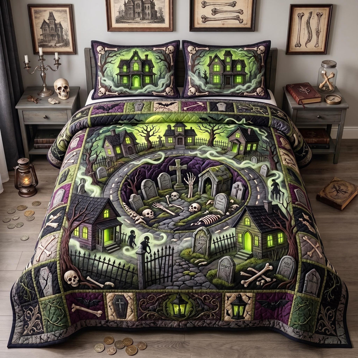 Halloween Hollow quilted 3-piece bedding set on a made bed against a dark styled interior