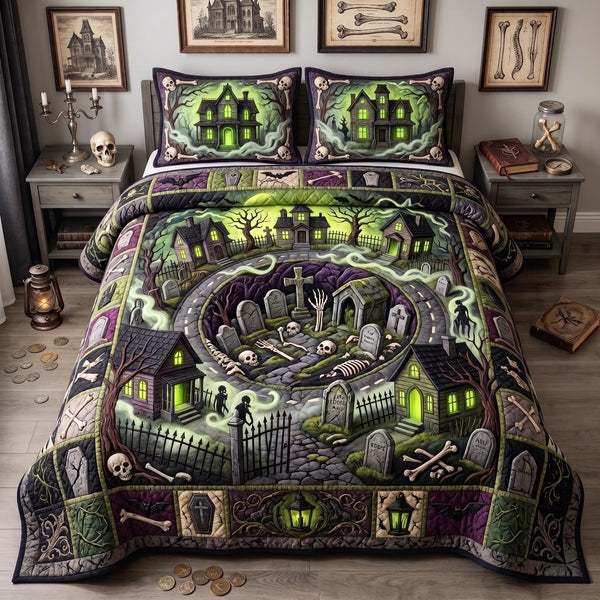Halloween Hollow quilted 3-piece bedding set on a made bed against a dark styled interior