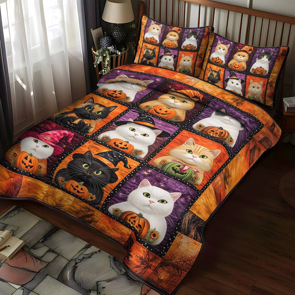 Halloween Kitty quilted 3-piece bedding set on a made bed against a dark styled interior
