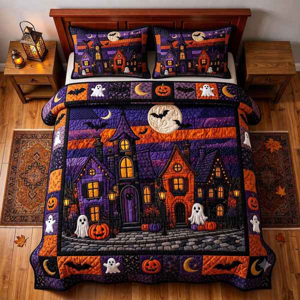 Halloween Lane quilted 3-piece bedding set on a made bed against a dark styled interior