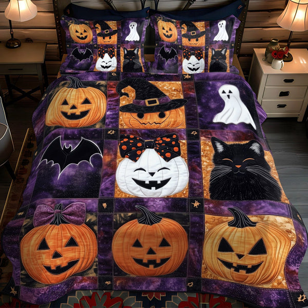Halloween Night Purr quilted 3-piece bedding set on a made bed against a dark styled interior