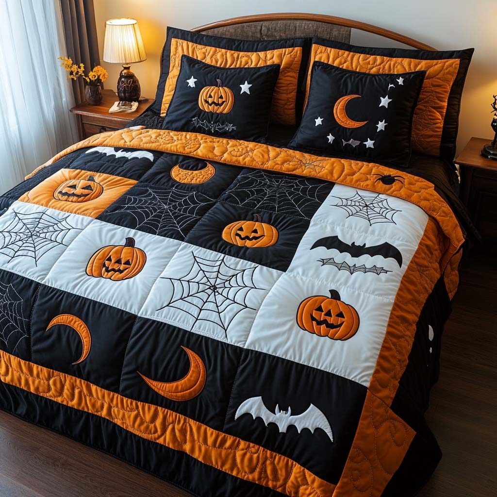 Halloween Night quilted 3-piece bedding set on a made bed against a dark styled interior