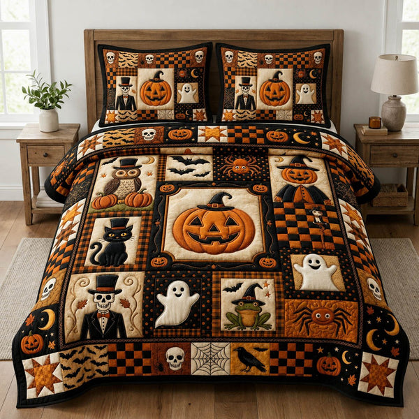 Halloween Patchwork quilted 3-piece bedding set on a made bed against a dark styled interior